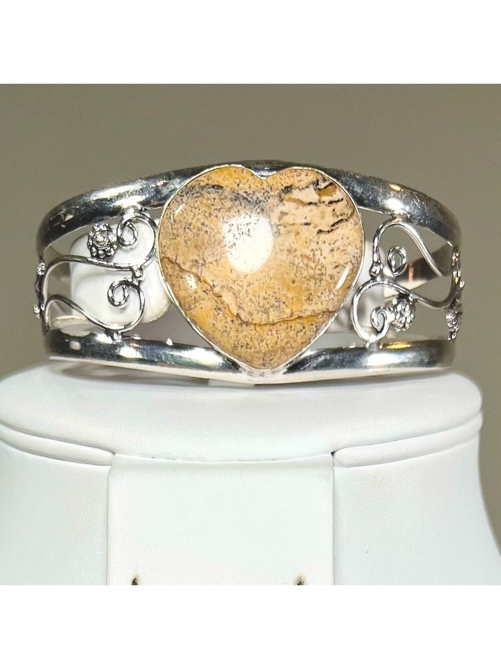 Picture Jasper 925 Heart Bangle Bracelet